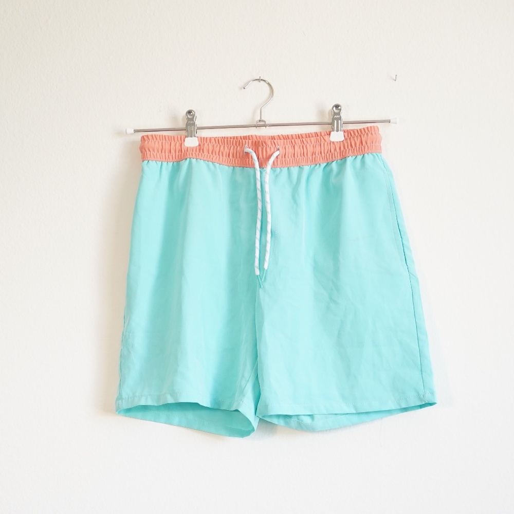 70s Style Turquoise Swim Shorts with Red Rust Pink Waistband